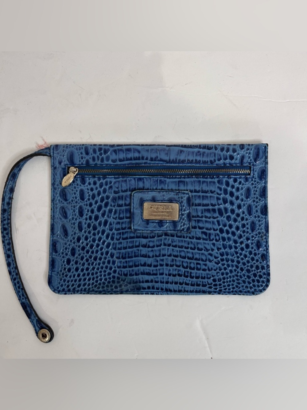 Furla Blue Croc-Embossed Leather Wristlet Clutch